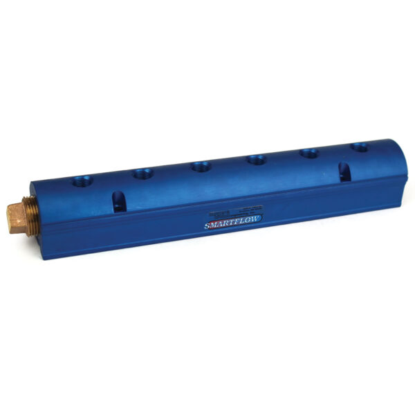 Manifold, Blue Aluminum, (2) 3/4" Inlets, (6) 3/8" Ports, with (1) Bronze End Plug