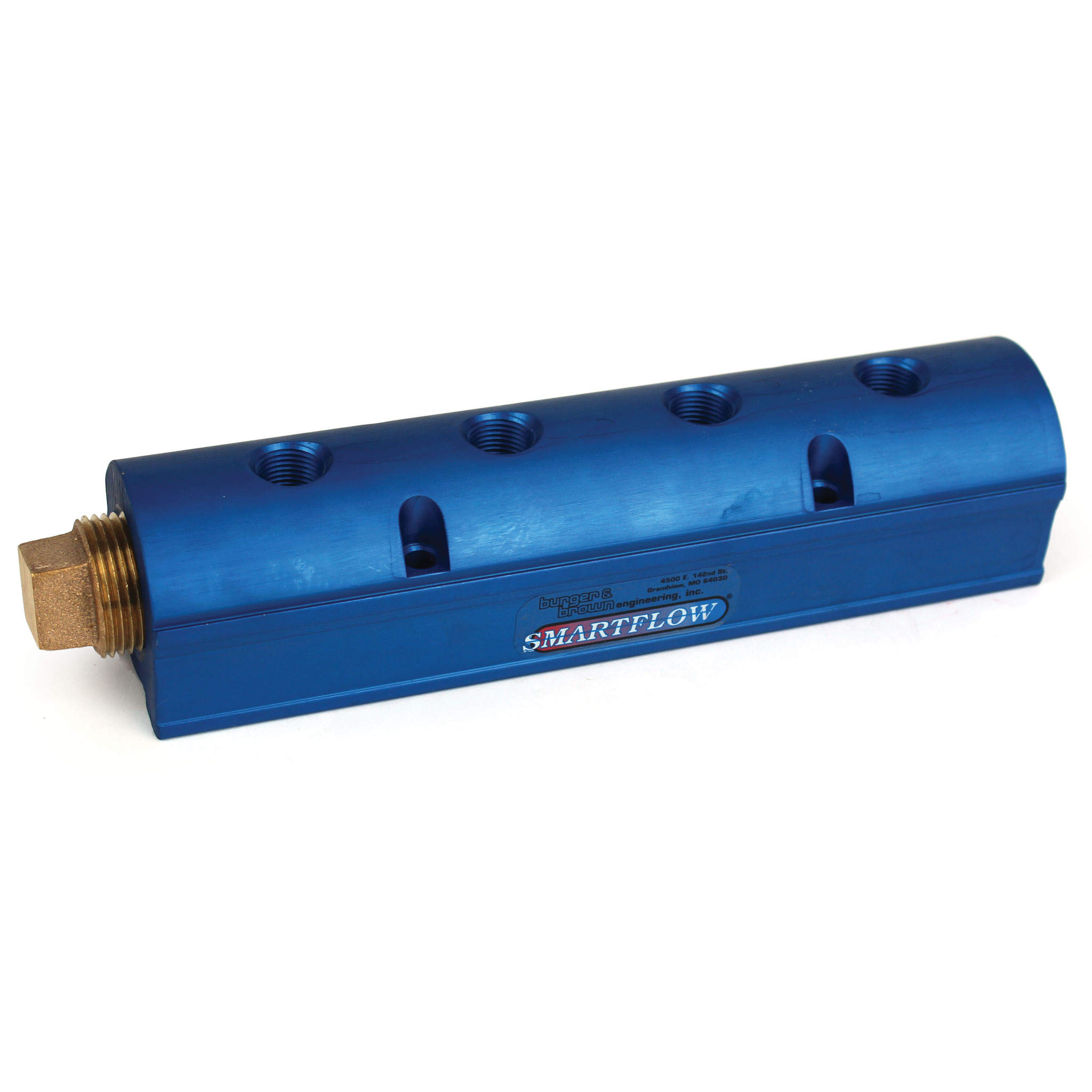 Manifold, Blue Aluminum, (2) 1" Inlets and (4) 3/8" Ports, with (1) Bronze End Plug - Image 1