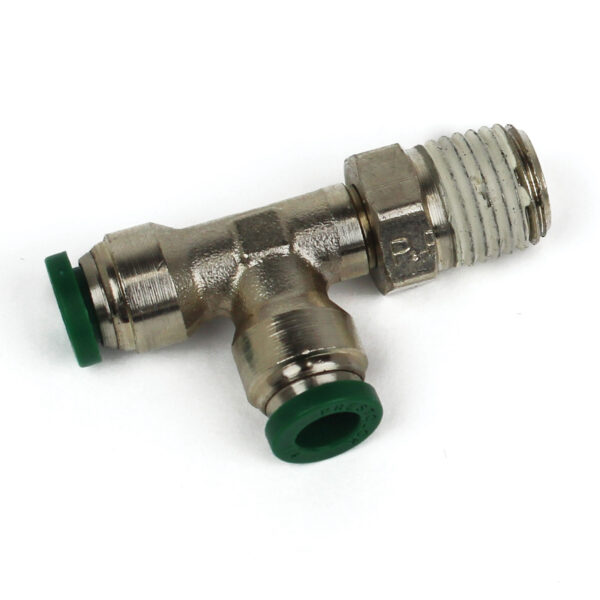 Push to Connect Tube Fitting, Run Tee, Male Swivel, 1/4" OD Tube, 3/8" NPT
