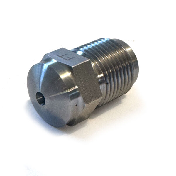 Nozzle Tip, FT, 1-1/2" OAL, 7/8"-14, 1/2" RO, 3/4" Radius, 3/16" Orifice.