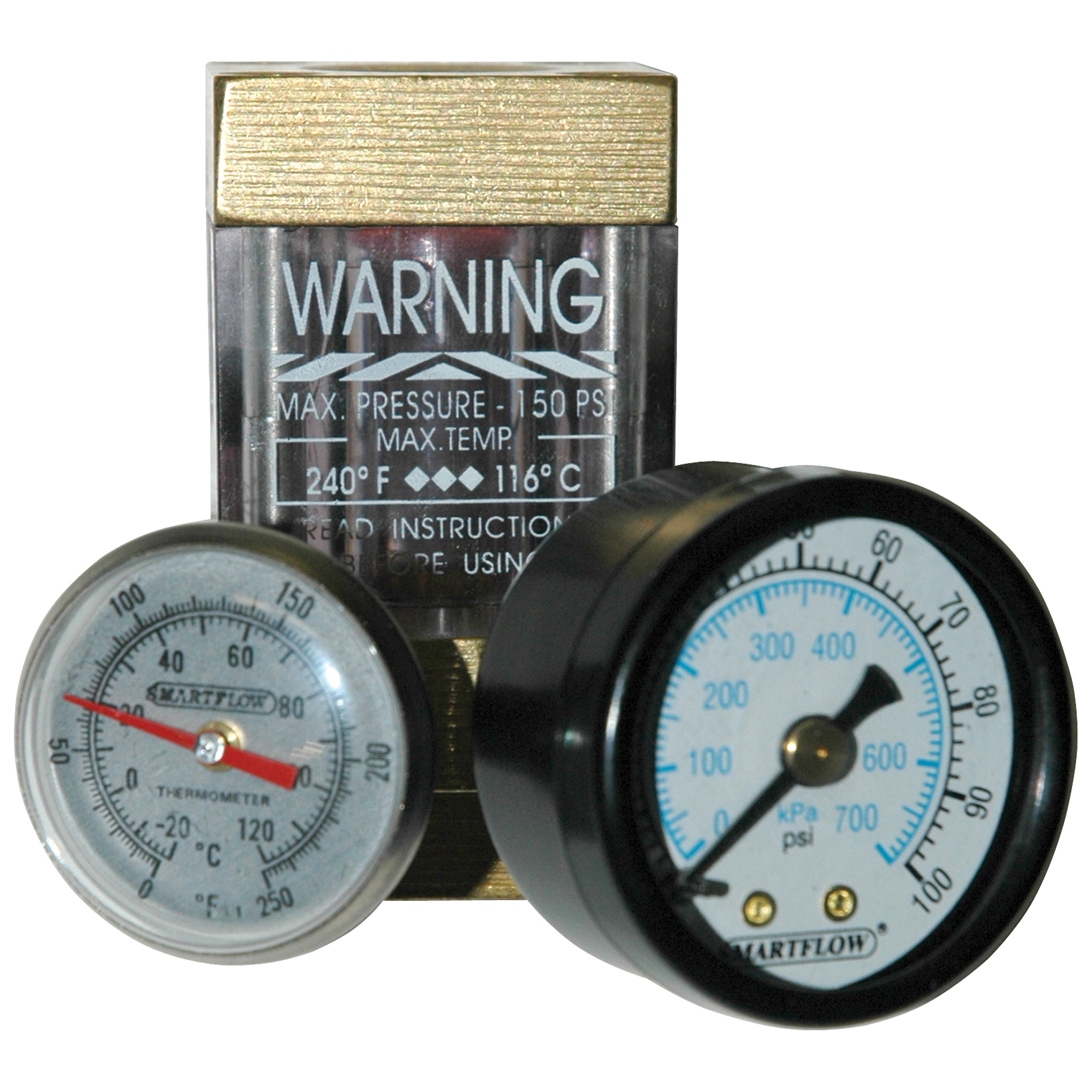 Flowmeter, 1/2" NPT, 8.0 gpm, Brass, Thermometer and Pressure Gauge (100 psi) - Image 1