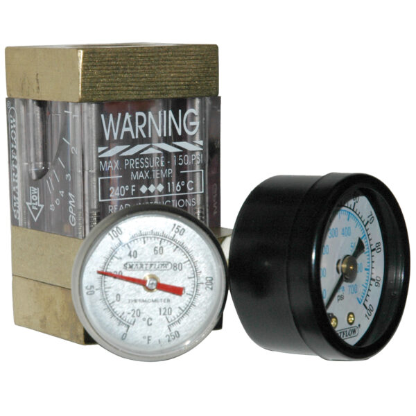Flowmeter, 1/2" NPT, 8.0 gpm, Brass, Thermometer and Pressure Gauge (100 psi)