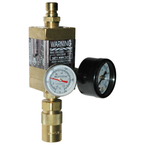Flowmeter, 3/8" NPT, 2.5 gpm, Brass, Thermometer, Pressure Gauge, QD's