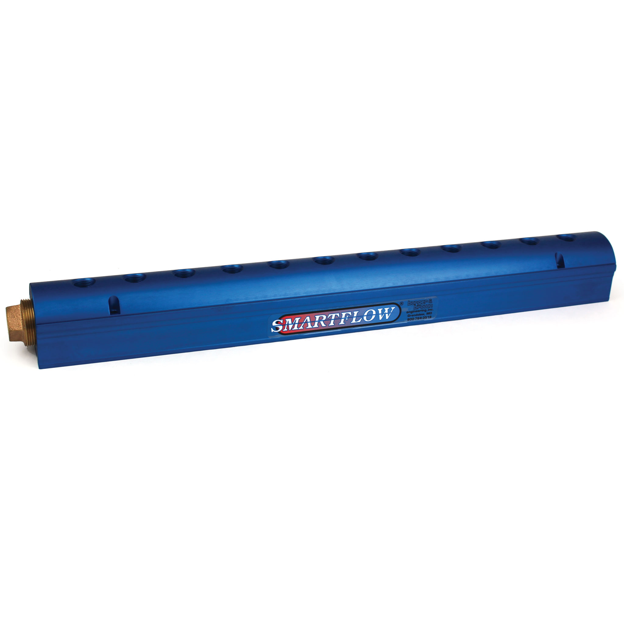 Manifold, Blue Aluminum, (2) 3/4" Inlets and (12) 3/8" Ports, with (1) Bronze End Plug - Image 1