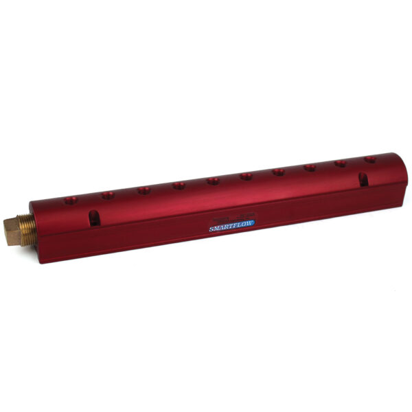 Manifold, Red Aluminum, (2) 3/4" Inlets and (10) 1/4" Ports, with (1) Bronze End Plug